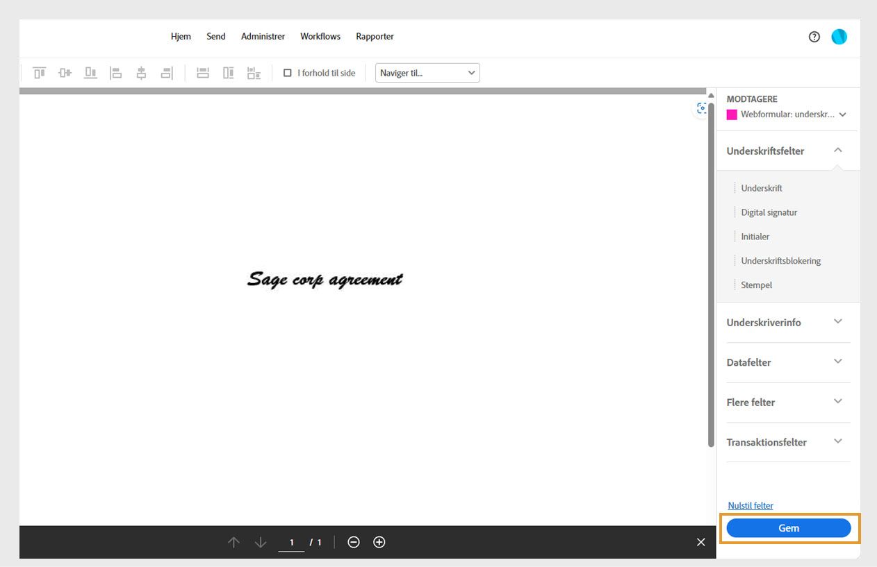 Panelet Webformularfelter viser forskellige felttyper, en knap til Nulstil felter og en fremhævet Gem-knap. 