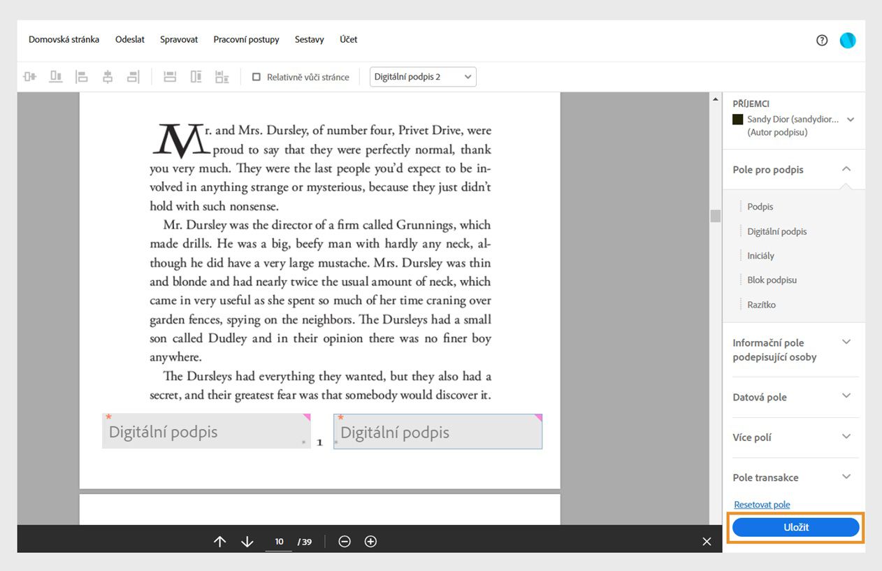 Panel polí webového formuláře zobrazuje různé typy polí, tlačítko Obnovit pole a zvýrazněné tlačítko Uložit. 
