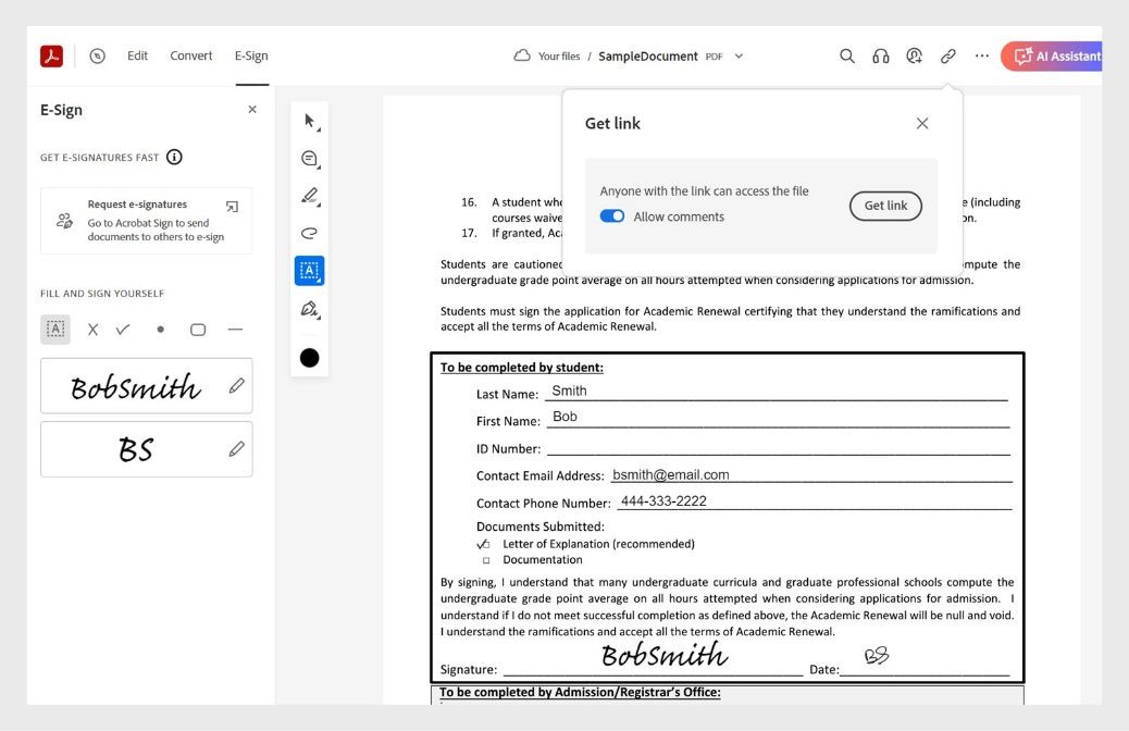 סמל הקישור בפינה הימנית העליונה נבחר כדי להציג את תיבת הדו-שיח של Get Link ביחד עם הלחצן 'Get link'. משנה המצבים ‘Allow recopients’ בתיבת הדו-שיח מופעל.