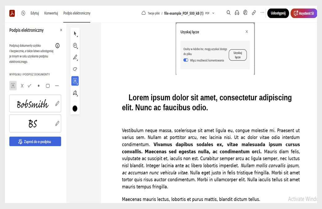 Wybranie ikony łącza w prawym górnym rogu powoduje wyświetlenie okna dialogowego Pobierz łącze z przyciskiem „Uzyskaj łącze”. Przełącznik „Zezwalaj odbiorcom” w oknie dialogowym jest włączony.