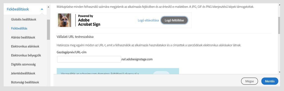 Az Acrobat Sign Fiókbeállítások oldalon megjelenik a logó feltöltésének lehetősége. 