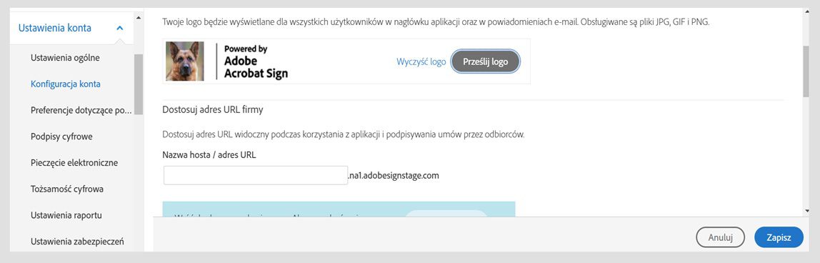 Strona konfiguracji konta Acrobat Sign zawiera opcję przesłania logo. 