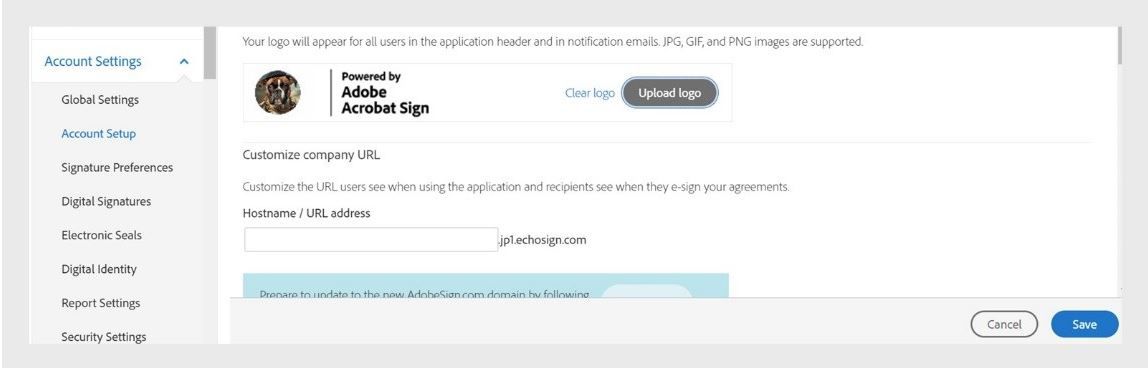 הדף Acrobat Sign Account Setup מראה אפשרות של Upload the logo. 