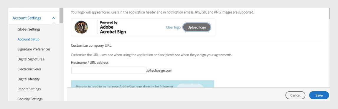 Nagpapakita ang Acrobat Sign Account Setup page ng option na mag-Upload ng logo. 