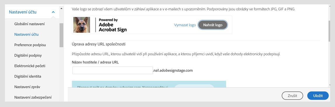 Na stránce Nastavení účtu služby Acrobat Sign se zobrazí možnost Nahrát logo. 