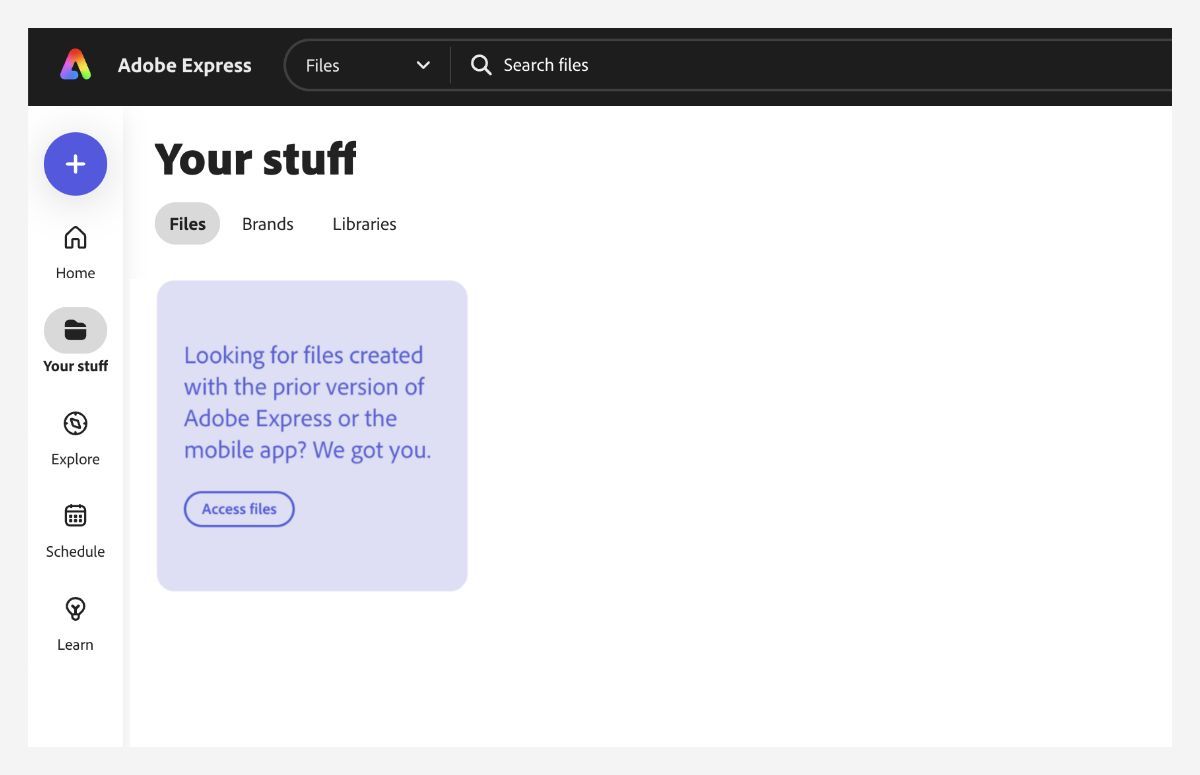 Sul pannello “Le tue risorse” aperto sullo schermo, è rappresentato un riquadro blu con un pulsante che dice “Accedi ai file” per aprire i file creati nella versione precedente di Adobe Express||Le-tue-_risorse