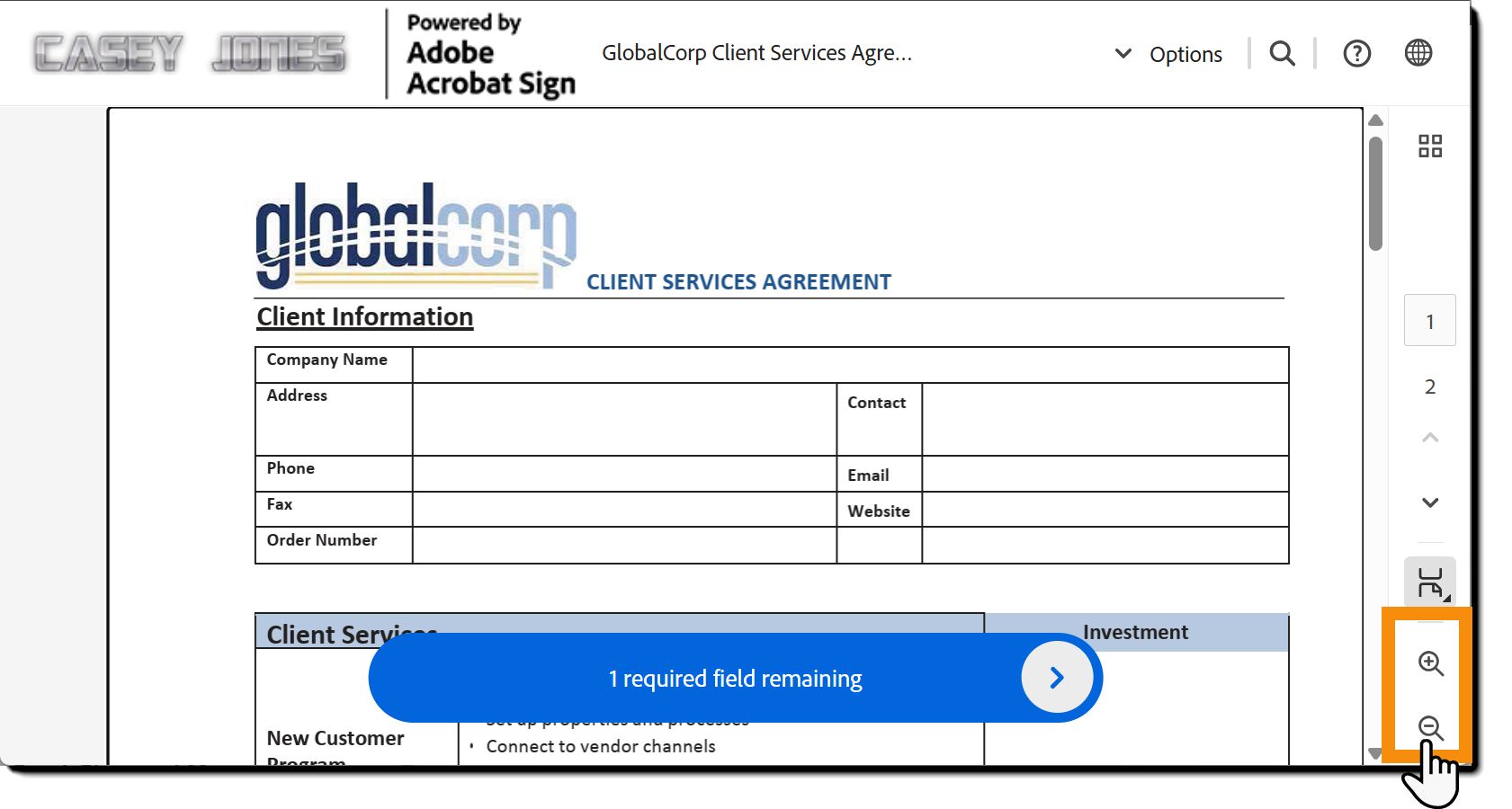Page de signature électronique avec les commandes d’agrandissement mises en évidence au bas de la page.