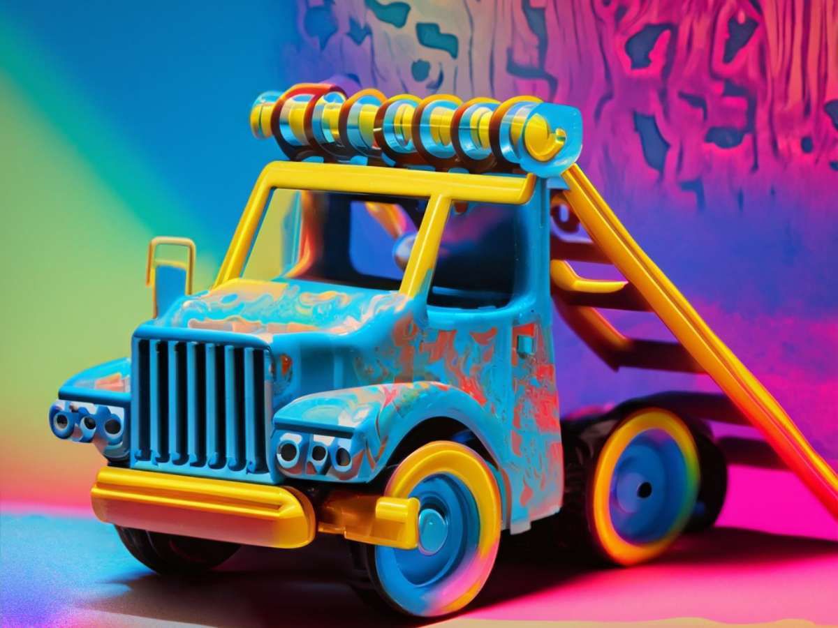 A imagem mostra um caminhão de brinquedo colorido posicionado em um fundo abstrato multicolorido vibrante que apresenta tons de rosa, roxo, azul e verde. Esse é um exemplo de como usar o recurso Texto para imagem e uma solicitação de texto razoavelmente descritiva.