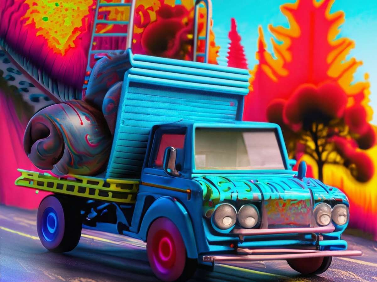 A imagem mostra um caminhão colorido e robusto pintado em azul e verde. O fundo abstrato multicolorido é preenchido com padrões e formas em cores quentes, como vermelho e amarelo. A estrada também está alinhada por árvores coloridas.  É um exemplo gerado quando o recurso Texto para imagem é usado com uma solicitação de texto descritiva.