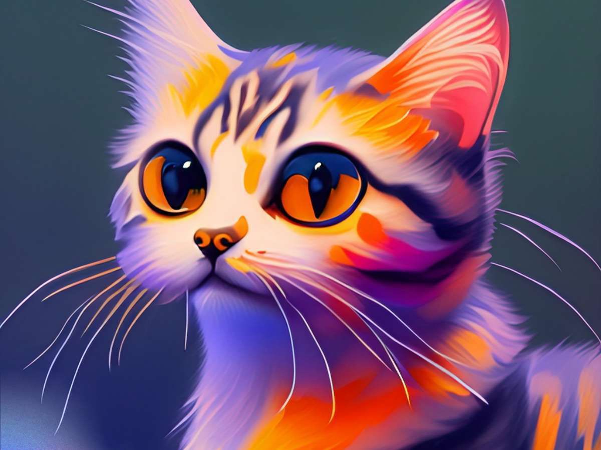 Image générée par Firefly d’une peinture numérique de chat avec un gros plan sur son visage aux couleurs éclatantes.