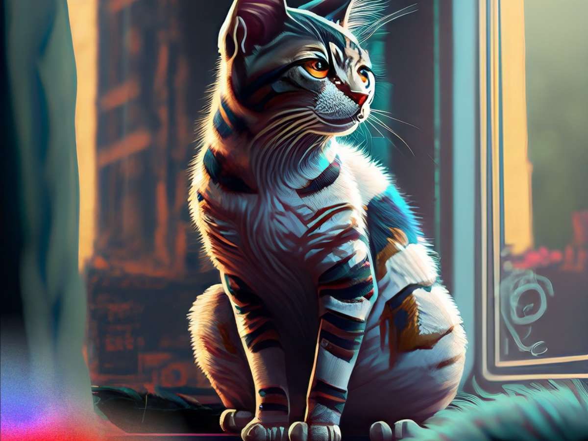 Image générée par Firefly d’un chat stylisé et détaillé, assis bien droit à l’intérieur, à la lumière douce et naturelle.