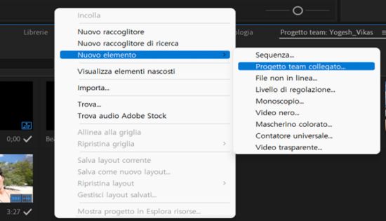 Menu di scelta rapida per il progetto team collegato