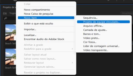 Menu de contexto para o projeto de equipe vinculado