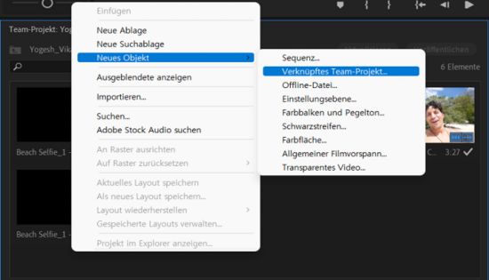 Kontextmenü für verknüpftes Team-Projekt