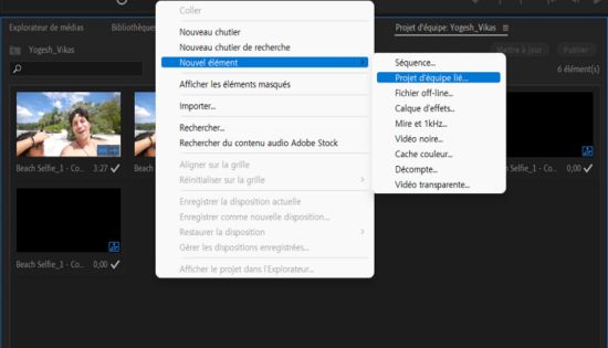 Menu contextuel pour le projet d’équipe lié