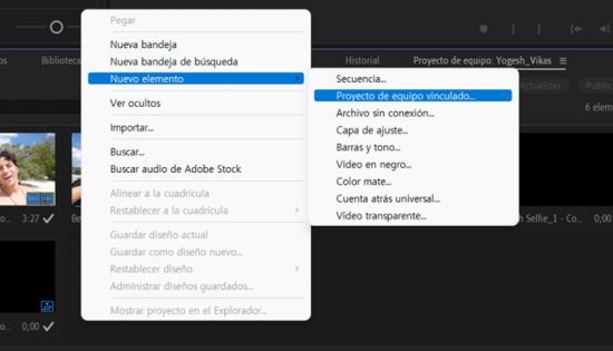 Menú contextual para el proyecto de equipo vinculado