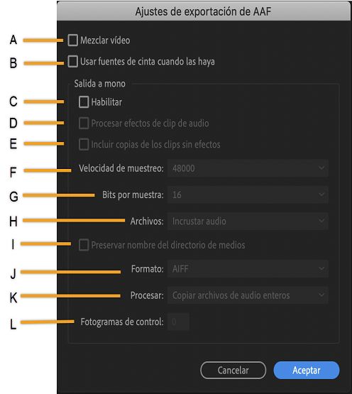 Configuración de exportación de AAF