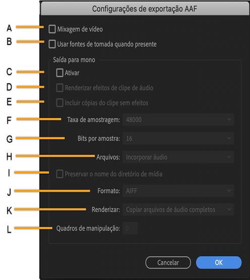Configurações de exportação de AAF