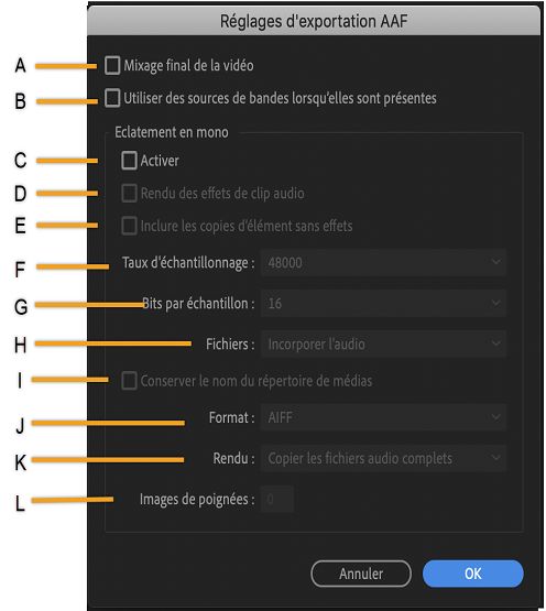 Réglages d’exportation AAF