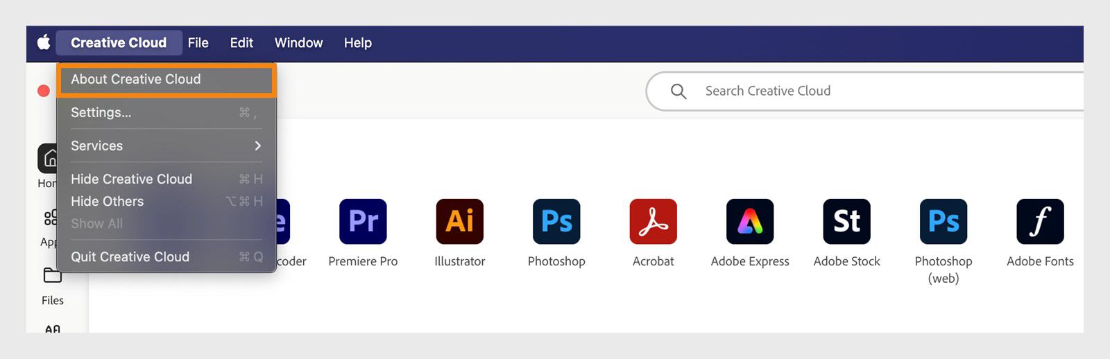 Creative Cloud -valikossa on eri vaihtoehtoja, kuten Tietoja Creative Cloudista, Asetukset, Palvelut ja Lopeta Creative Cloud.