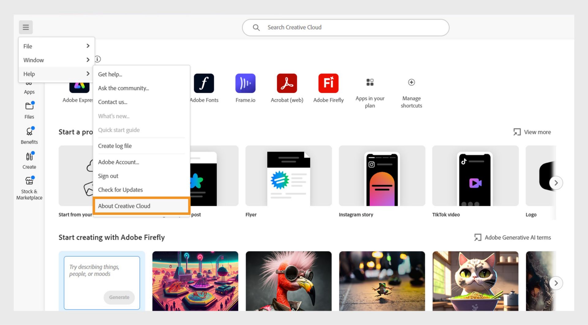 Creative Cloud 데스크탑 앱의 햄버거 메뉴 아래에 있는 도움말 메뉴에는 로그아웃, Adobe 계정으로 이동, 업데이트 확인, 로그 파일 만들기와 같은 기타 옵션과 함께 Creative Cloud 데스크탑 앱에 대해 자세히 알아보기 위한 옵션이 표시됩니다.