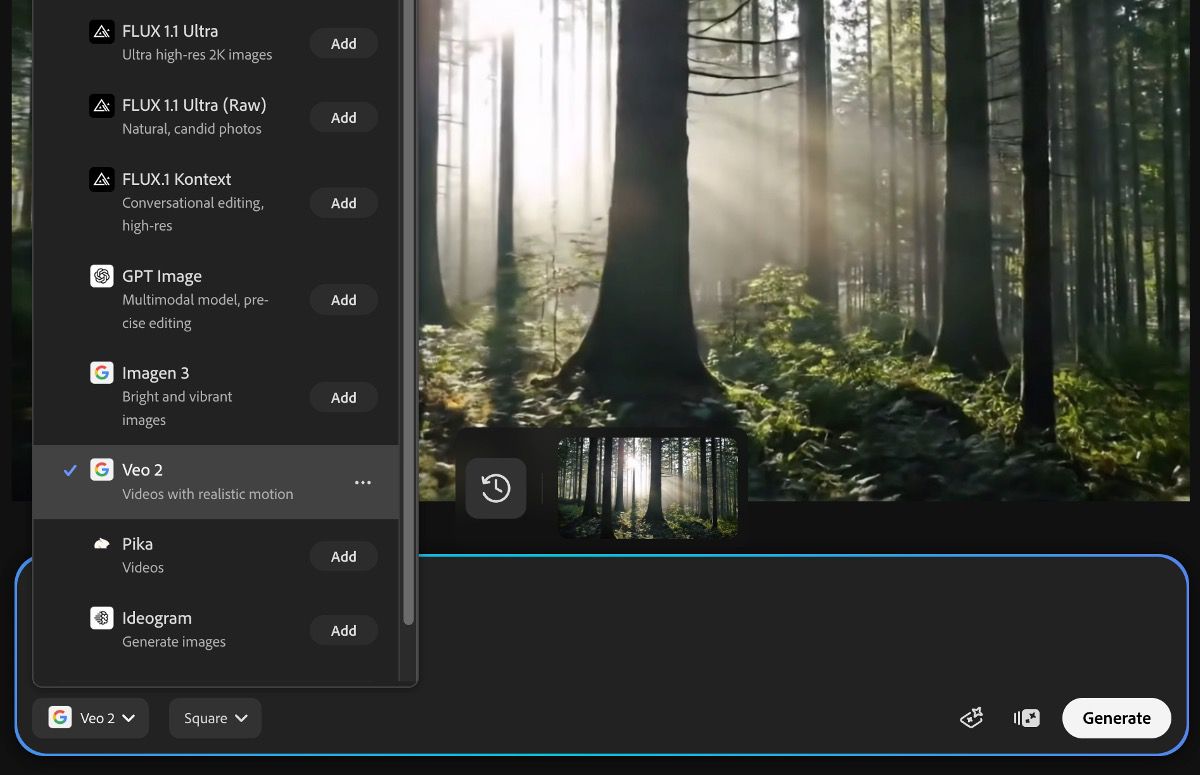 A panel that shows a list of Adobe and partner models for image and video generations.