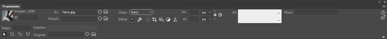 Propiedades de imagen en el inspector de propiedades.
