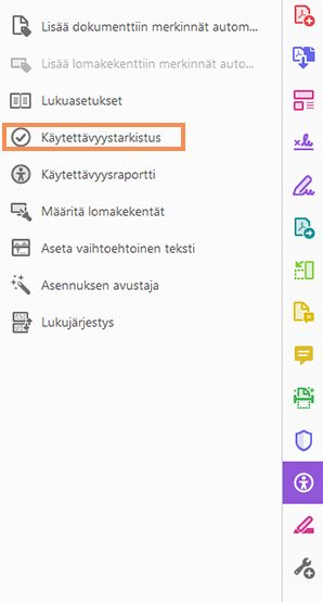 Helppokäyttöisyystyökalun Esteettömyyden tarkistus -toiminto