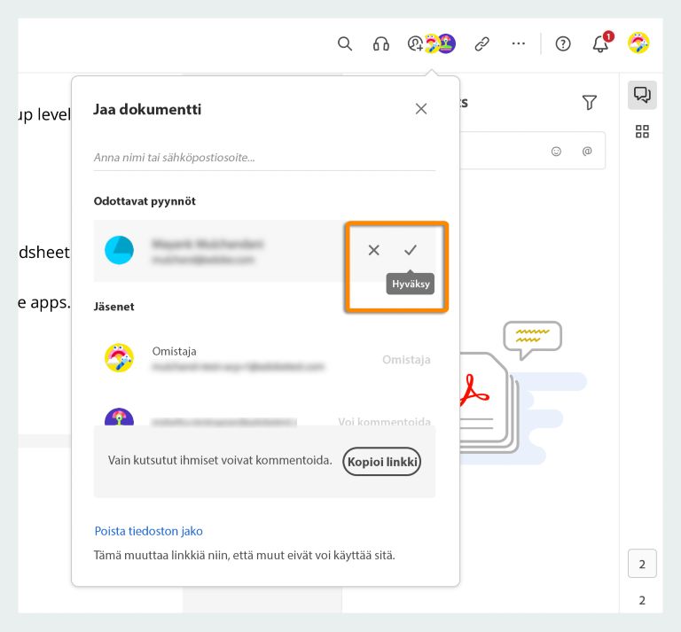 Käyttöoikeuspyynnön hyväksyminen tai hylkääminen
