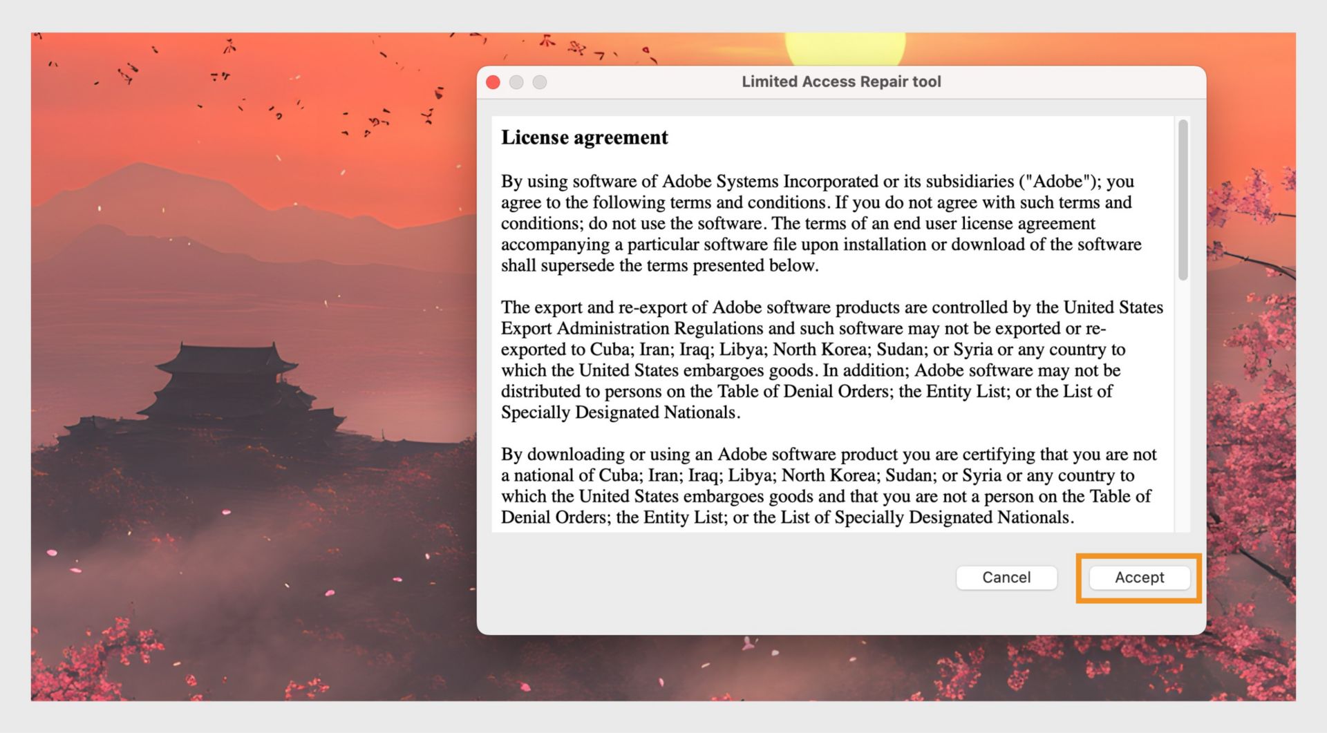 The Limited Access Repair tool window shows the license agreement to use the Limited Access Repair tool, with options to accept or cancel the license agreement.