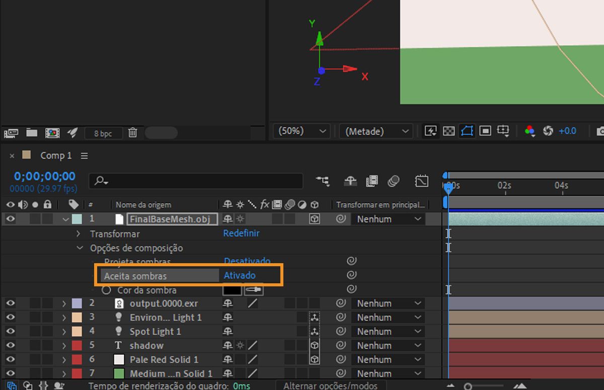 As Opções de composição são abertas para uma camada 3D e elas têm duas opções de configuração: Projeta sombras e Aceita sombras.
