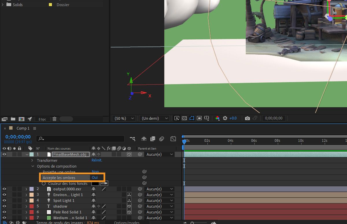 Les options de composition sont ouvertes pour un calque 3D et offrent deux options de configuration : Projette une ombre et Accepte les ombres.