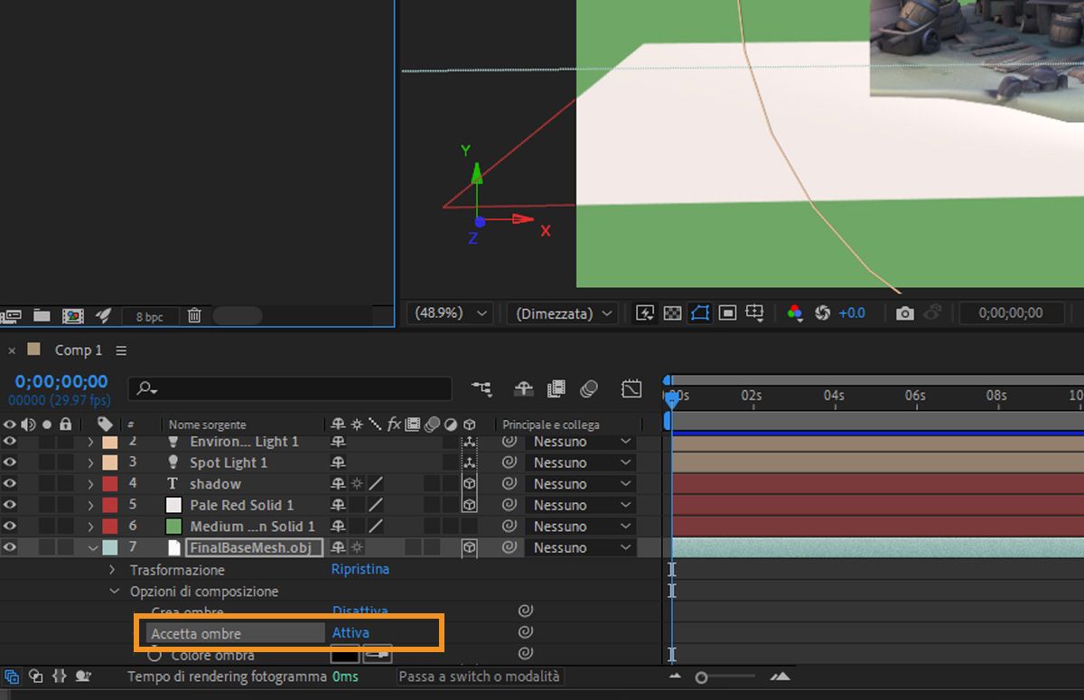 Le Opzioni di composizione sono aperte per un livello 3D e hanno due opzioni da configurare: proietta ombre e accetta ombre.