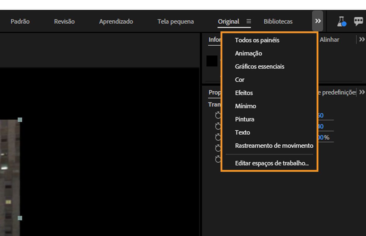 O menu de divisa lista opções como bibliotecas, animação, gráficos essenciais, efeitos, cor, tinta, texto e rastreamento de movimentos.