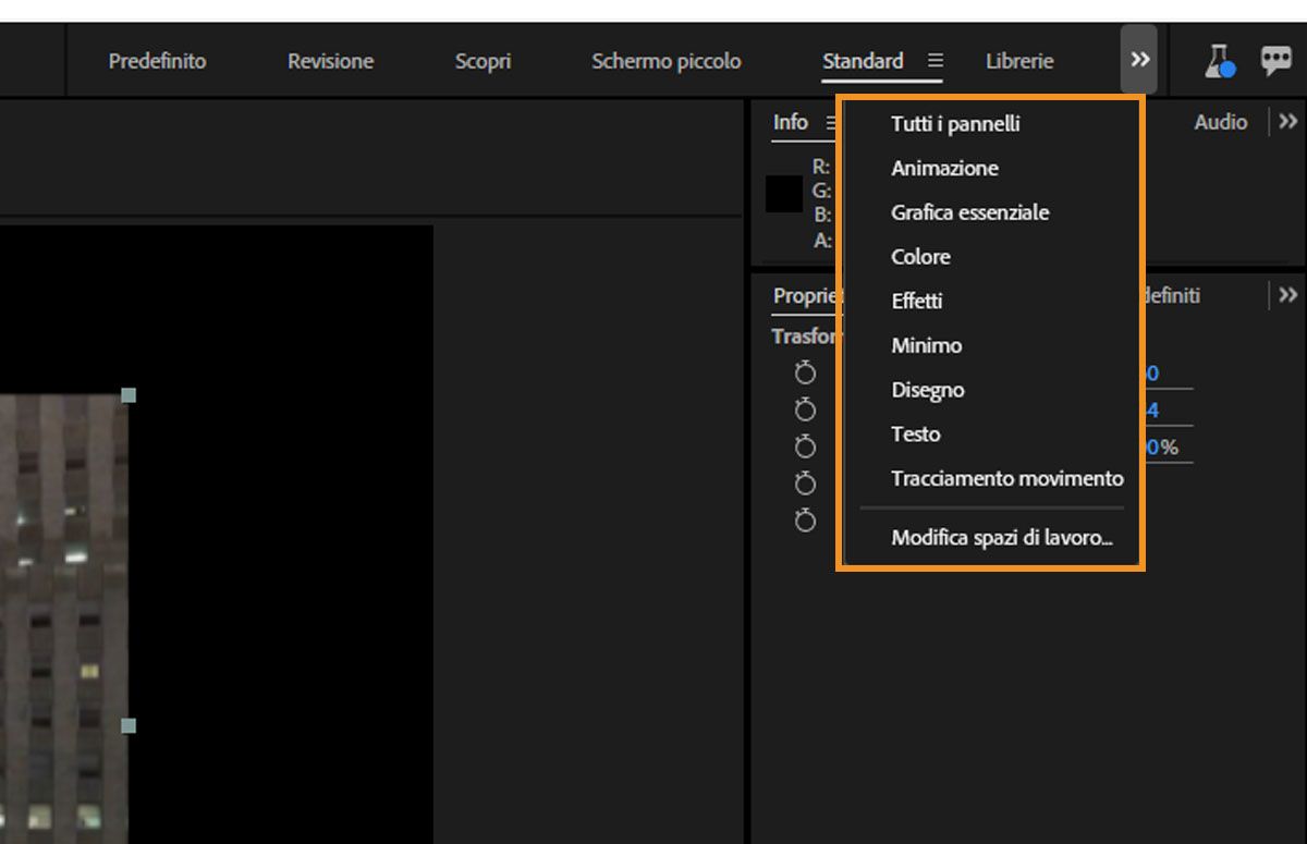 Il menu >> elenca le opzioni come Librerie, Animazione, Grafica essenziale, Effetti, Colore, Disegno, Testo e Tracciamento del movimento.