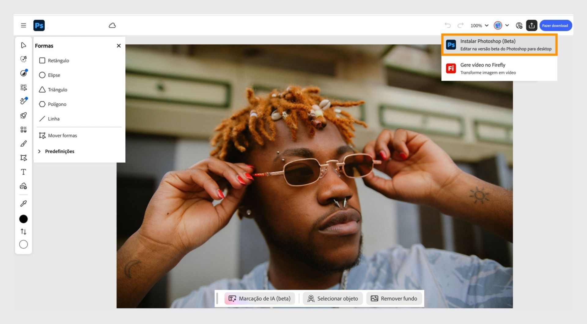 A caixa de diálogo Enviar para aplicativos mostra a opção Abrir no aplicativo Photoshop (beta) destacada para iniciar o item da web no aplicativo Photoshop (Beta).