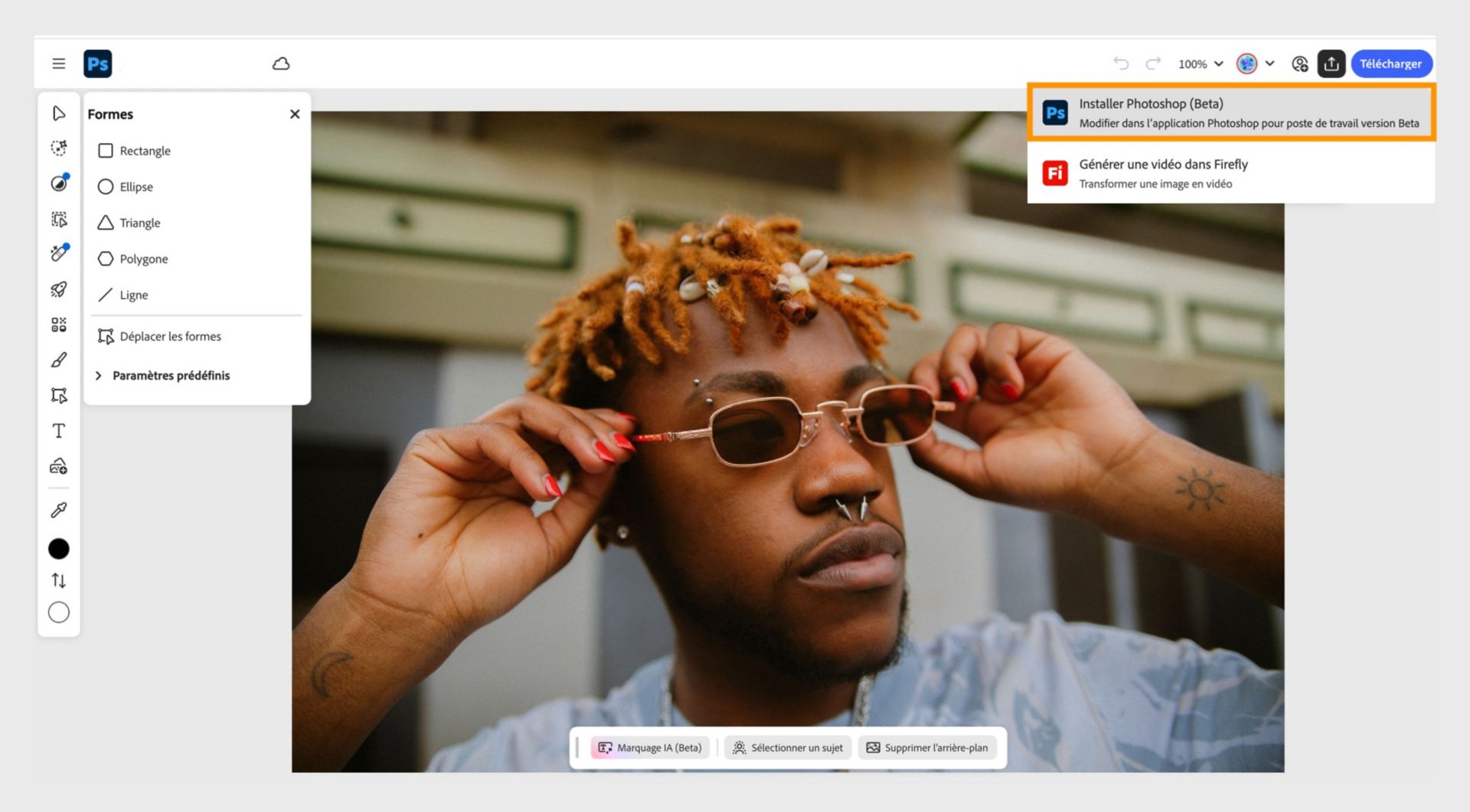 La boîte de dialogue Envoyer vers les applis affiche l’option Ouvrir Photoshop (Beta) en surbrillance pour lancer la ressource depuis le web dans l’appli Photoshop (Beta).