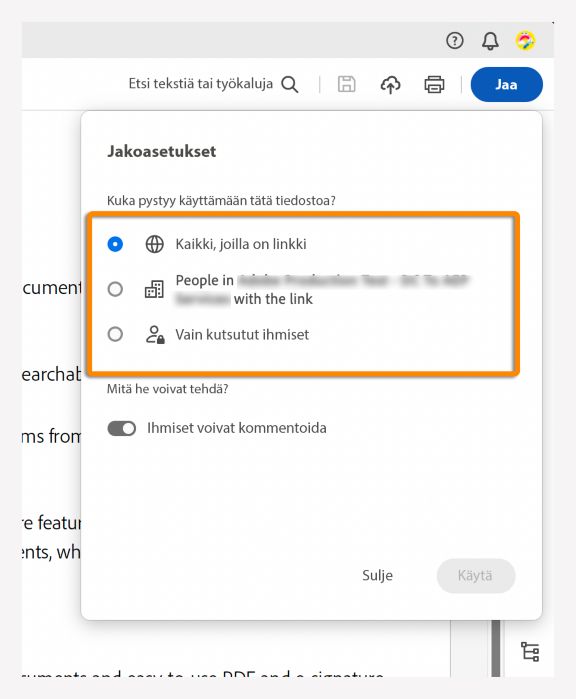 Valitse linkin käyttöoikeuden tyyppi
