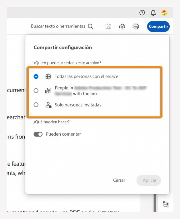 Seleccione el tipo de acceso para el vínculo