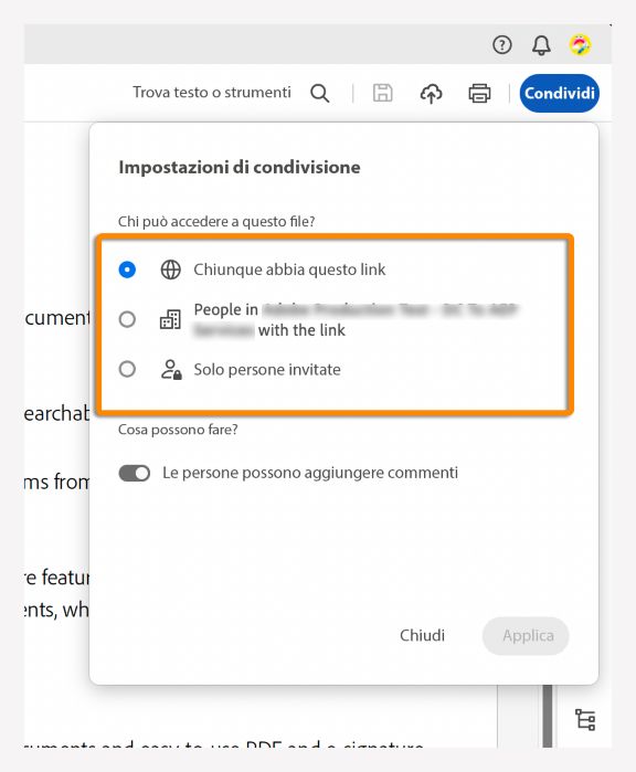 Scegliere il tipo di accesso per il collegamento