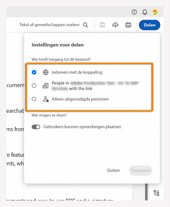 Het toegangstype voor de koppeling kiezen