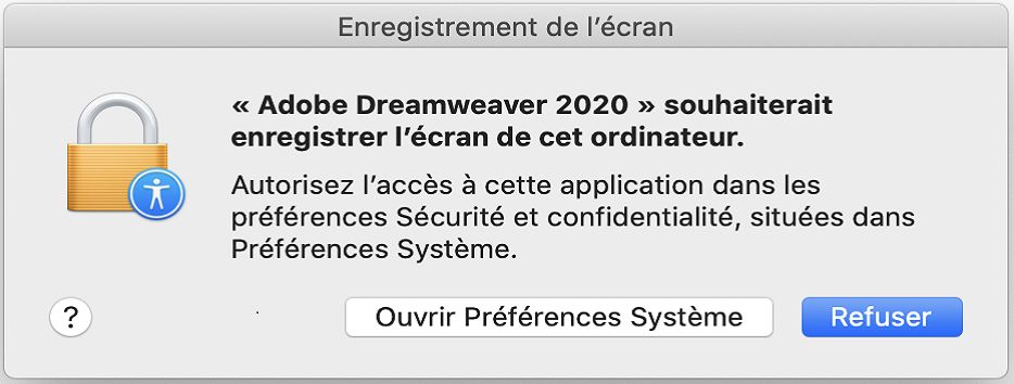 Boîte de dialogue Contrôle d’accès pour accéder à l’enregistrement d’écran