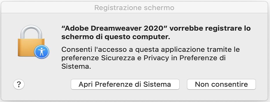 Finestra di dialogo Controllo accessi per accedere alla registrazione dello schermo