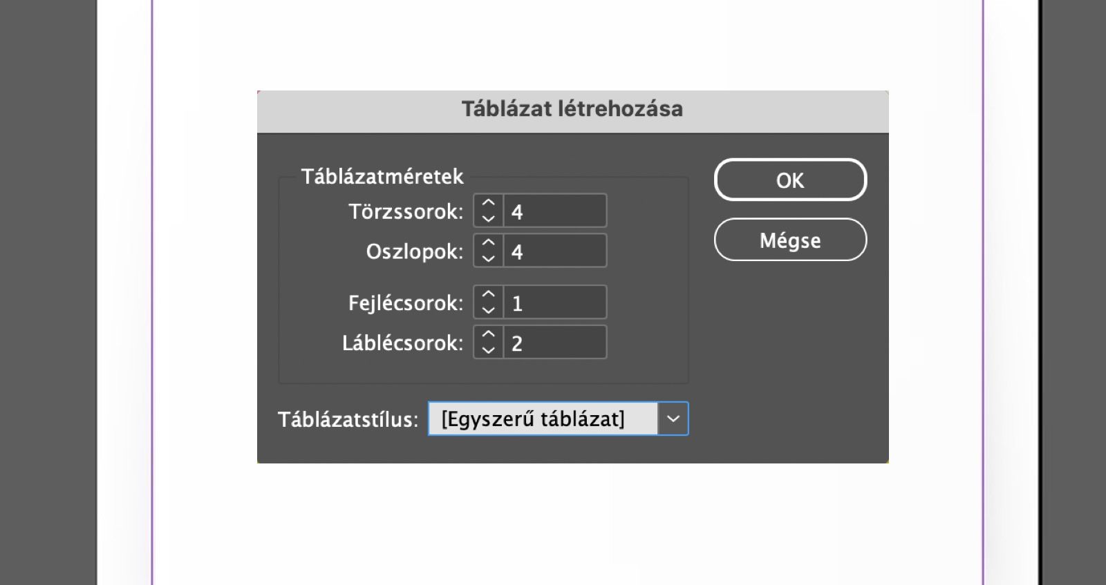 A Táblázat létrehozása párbeszédpanel sormezőket, fejlécoszlopokat, táblázatstílust, valamint az OK és Mégse gombokat jeleníti meg.