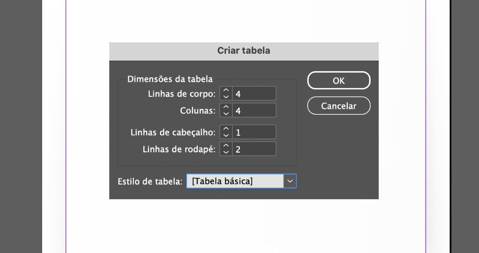 Caixa de diálogo Criar tabela mostrando campos de linha, Colunas de cabeçalho, Estilo de tabela e botões OK e Cancelar.