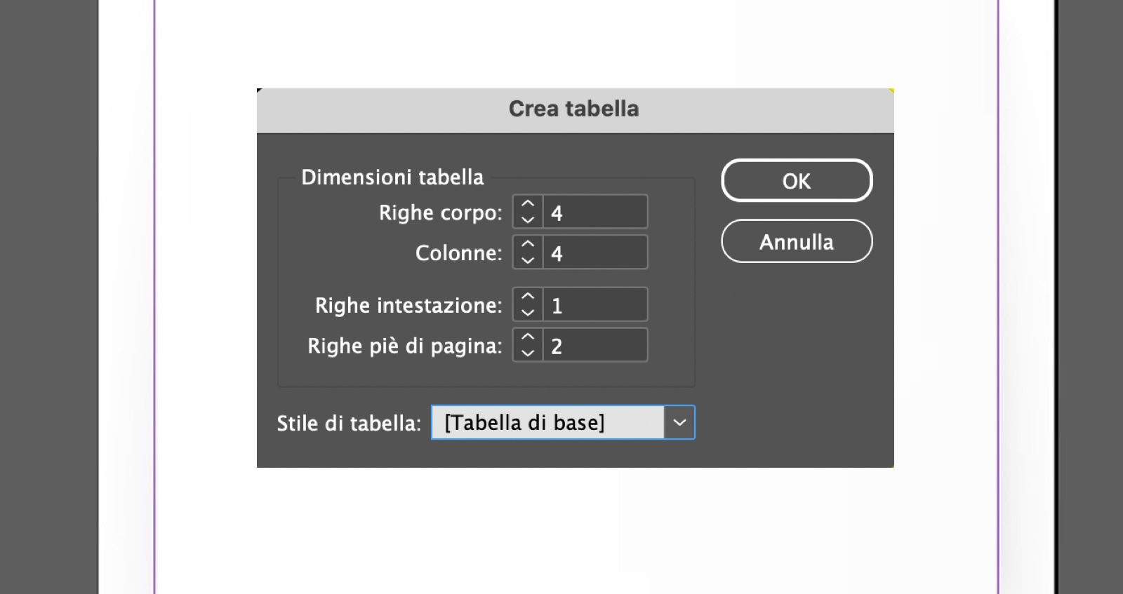 Finestra di dialogo Crea tabella che mostra i campi delle righe, le intestazioni di colonna, lo stile tabella e i pulsanti OK e Annulla.