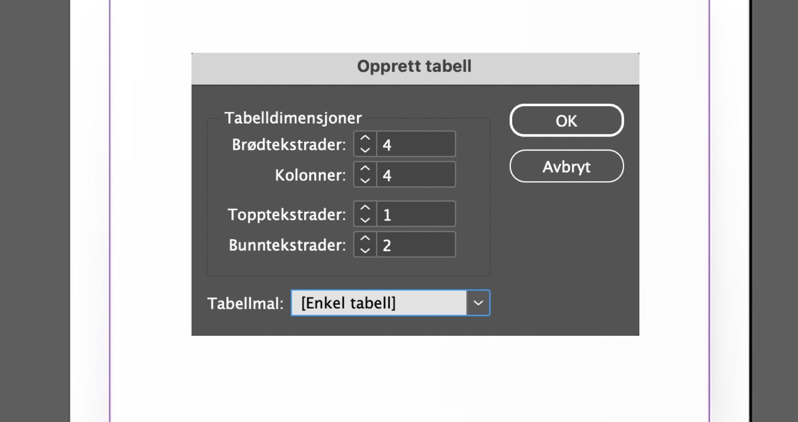 Dialogboksen Opprett tabell med radfelt, overskriftskolonner, tabellstil og OK- og Avbryt-knapp.