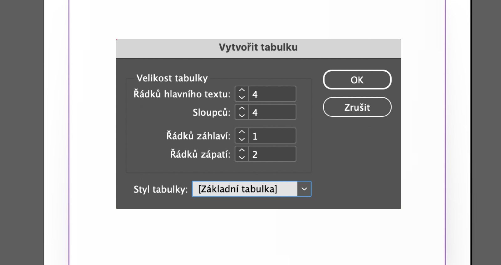 Dialogové okno Vytvořit tabulku zobrazující pole řádků, sloupce záhlaví, styl tabulky a tlačítka OK a Zrušit.