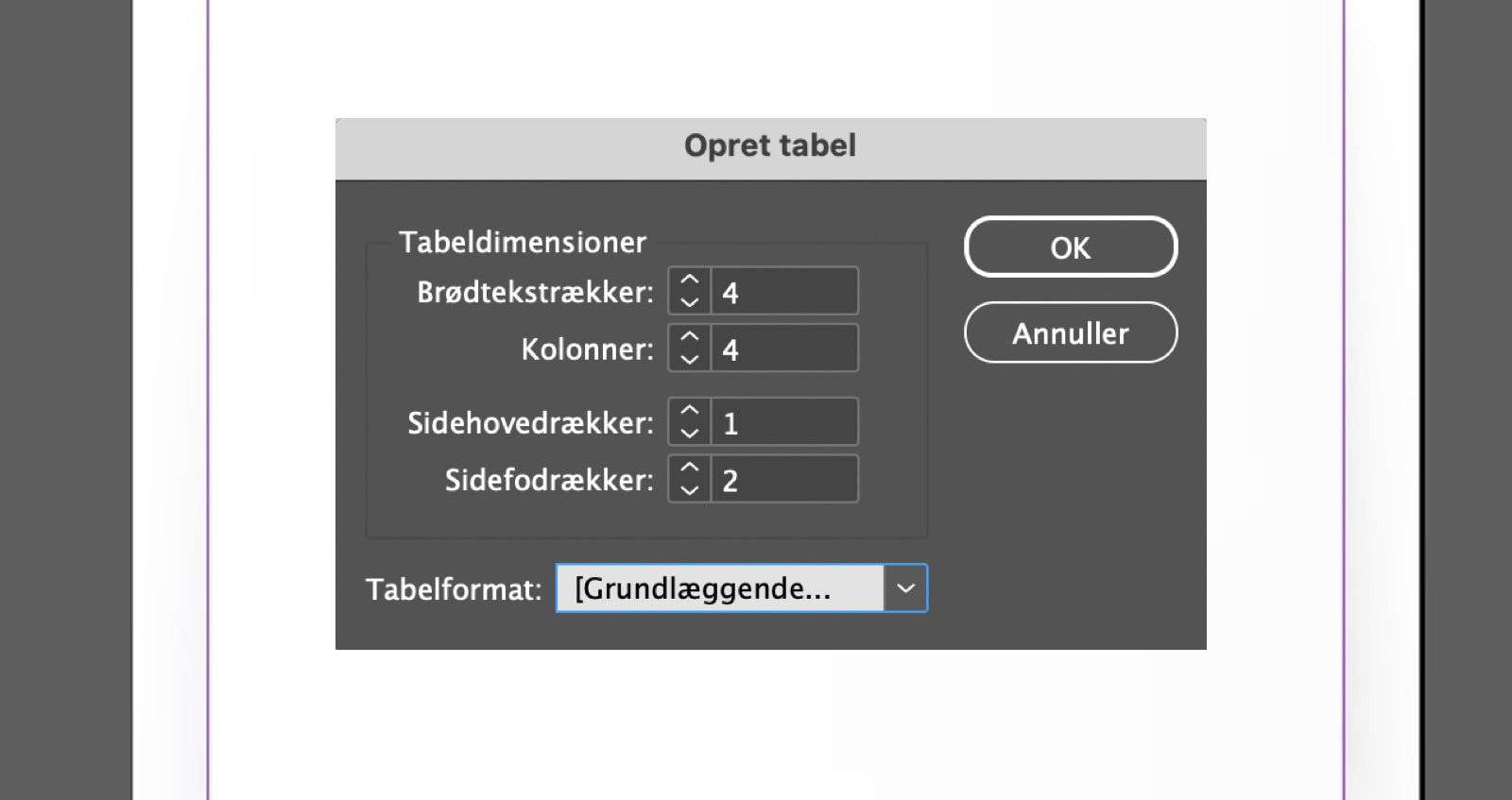 Dialogboksen Opret tabel, der viser rækkefelter, kolonneoverskrifter, tabeltypografi og knapperne OK og Annuller.