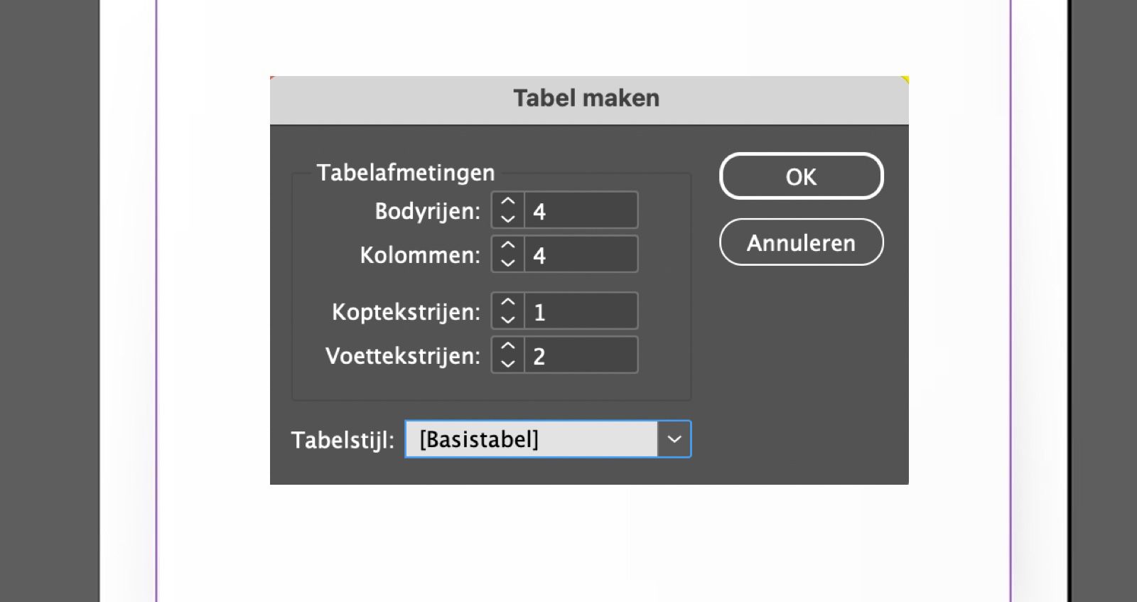Dialoogvenster Tabel maken met rijvelden, Kopkolommen, Tabelstijl en knoppen Oké en Annuleren.